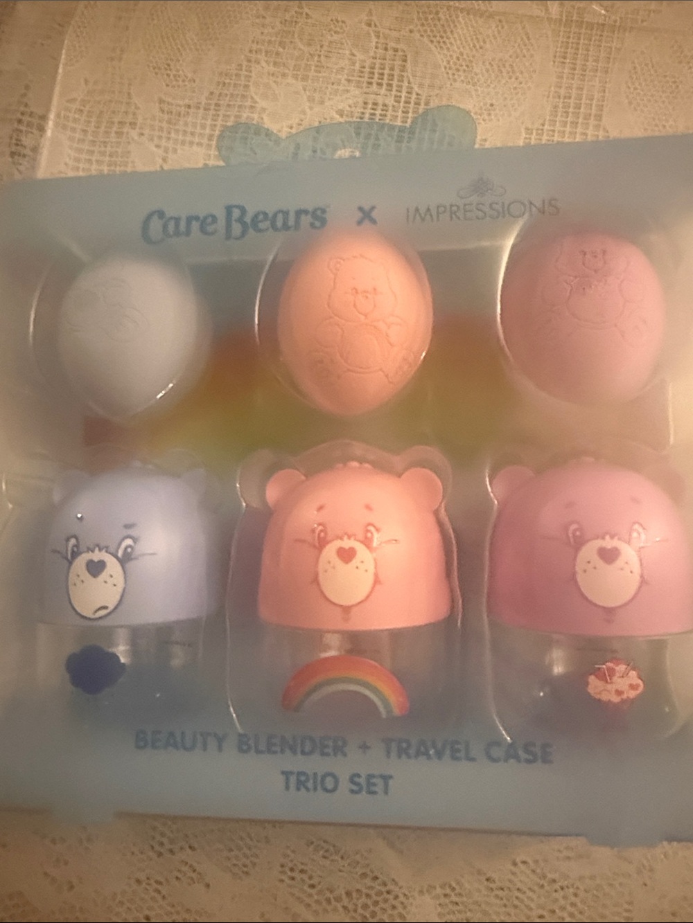 Care Bears Pastel Blue Peach Pink Beauty Blender Trio with Travel Cases